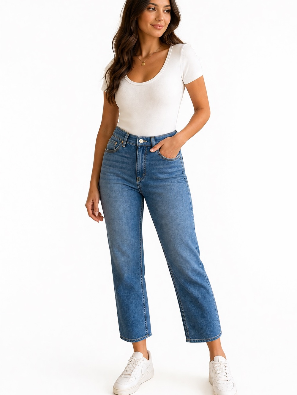 Seven7 Medium Blue High-Rise Straight Leg Jeans